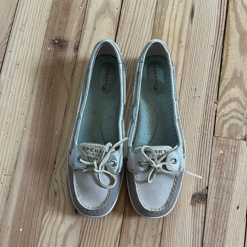 Sperry Top-Sider Womens 8M Silver Tan Mesh Boat Shoes Metallic Loafers 9102765